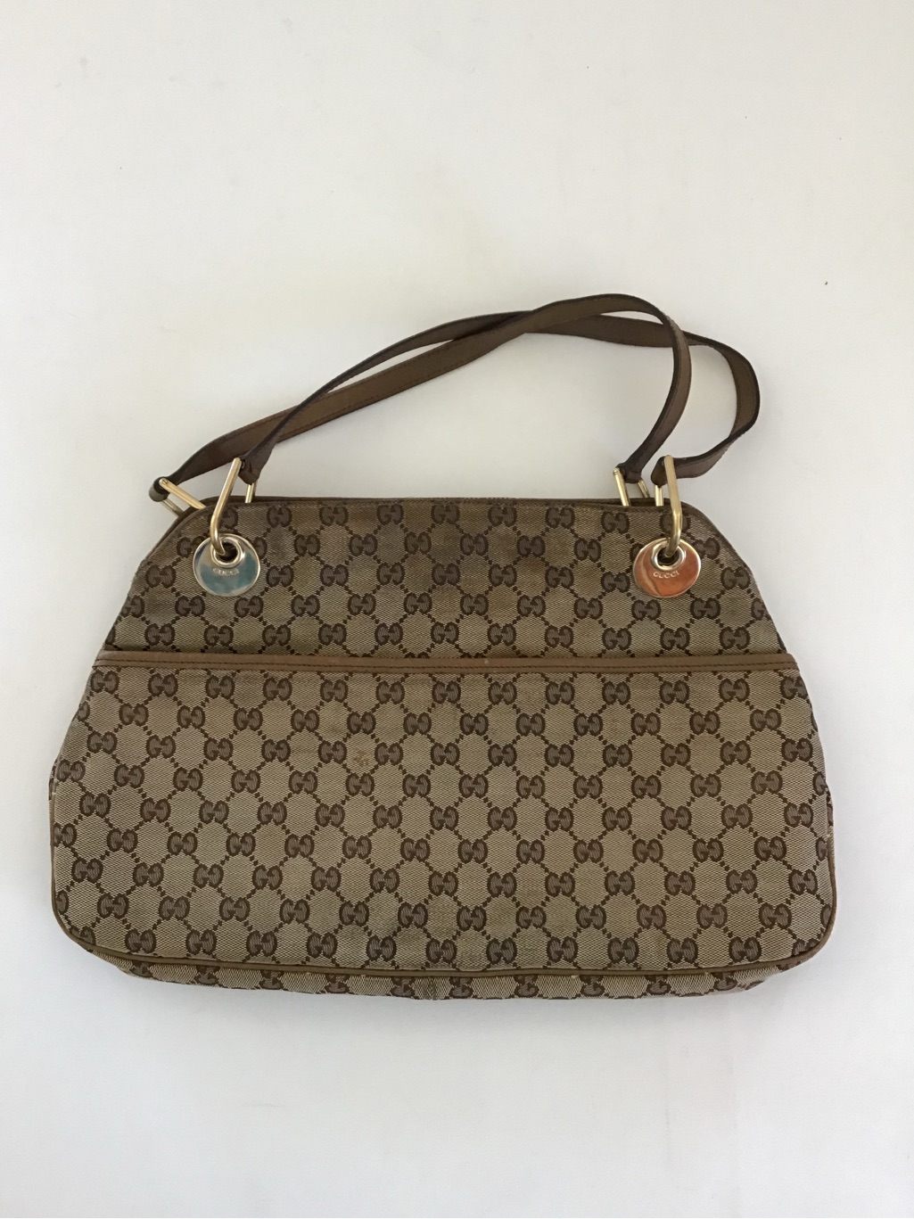 Gucci Gg Canvas Eclipse Shoulder Bag Beige Brown Monogram Leather Trim Italy